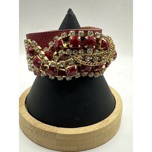 Red & Gold Chain Rhinestone Leather Snap Bracelet